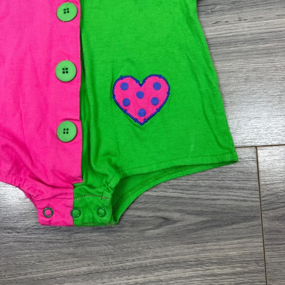 Vintage 1991 Basics by City Kids Pink Green Colorblock Heart Bodysuit Size 3M